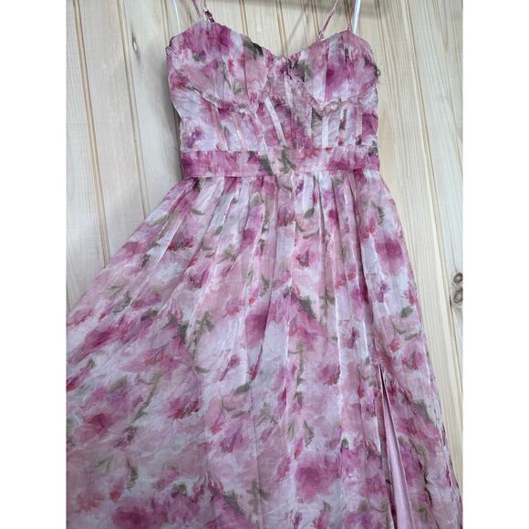 NWT Lulus Novella Pink Floral Ruffled Bustier Lace-Up Maxi Dress Gala Size S - Picture 4 of 11